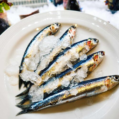 Gros plan sur des sardines fraîches disposées sur de la glace pilée, prêtes à être cuisinées au restaurant El Faro situé dans le quartier des Pâquis à Genève